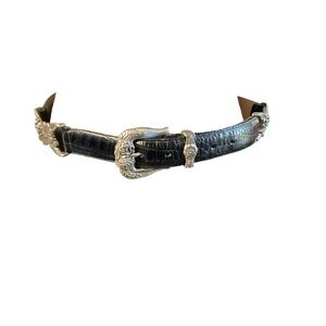 Brighton Black Croc-Embossed Leather Belt Silver Floral Buckle Accents